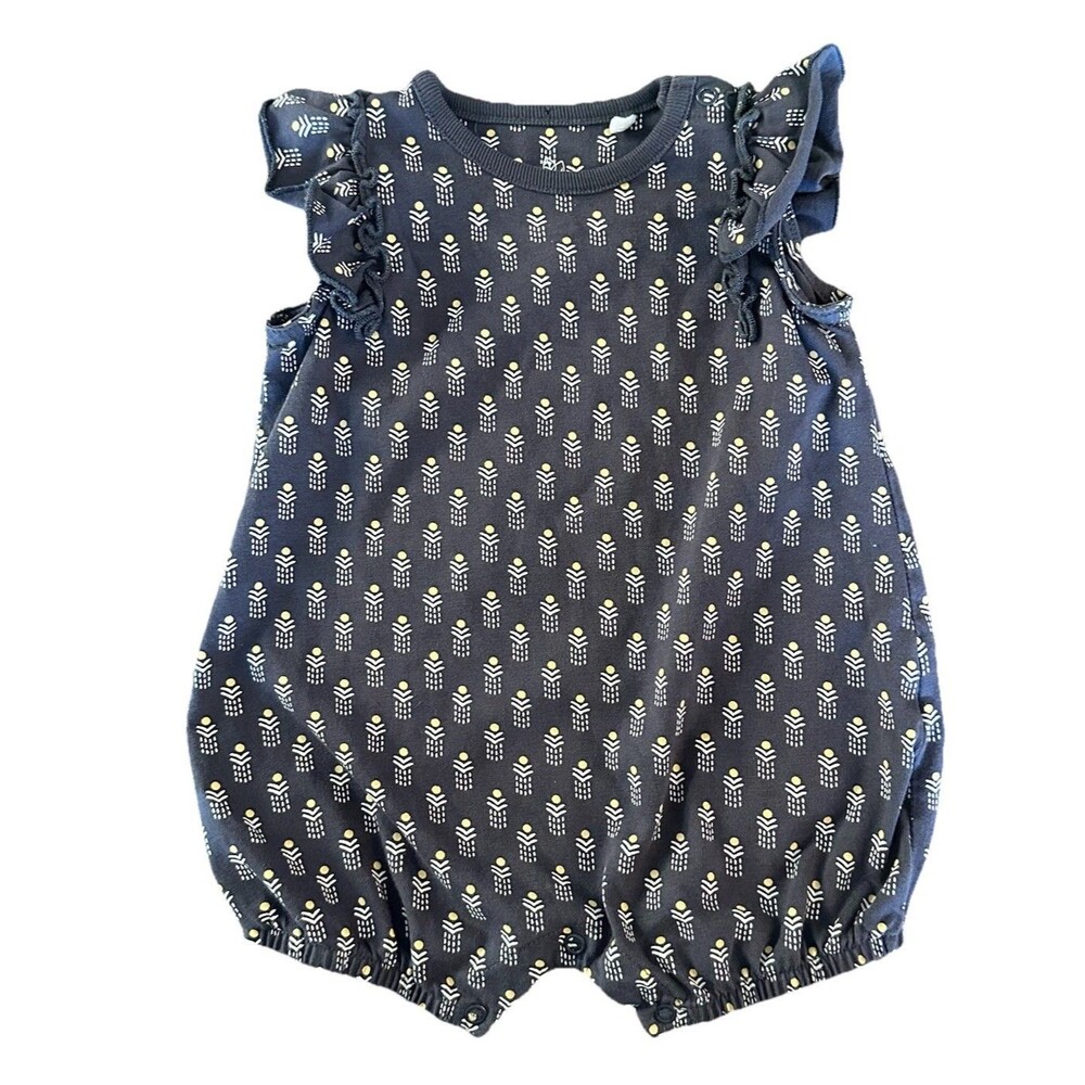Navy Floral-Pattern Ruffle Sleeve Baby One-Piece Bodysuit